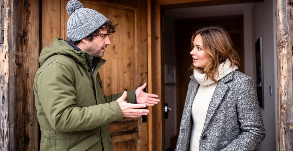 Deux personnes discutent devant l'entrée d'un appartement en station de ski