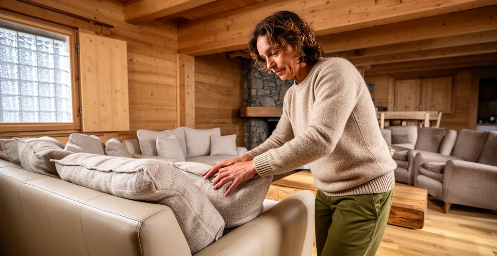 Vérification d'un salon d'appartement de montagne pendant la préparation entre deux locations