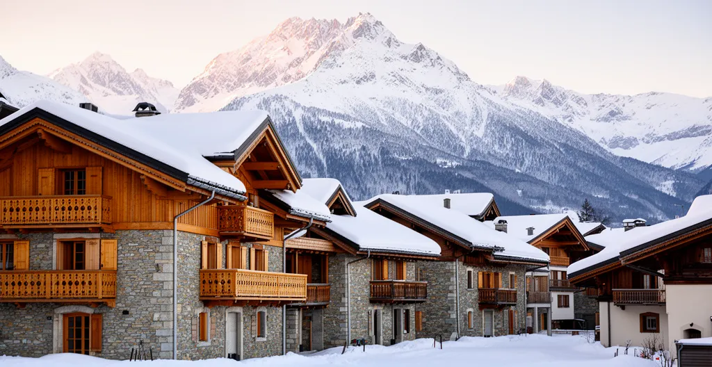 Village de montagne avec chalets traditionnels enneigés dans le massif des Aravis